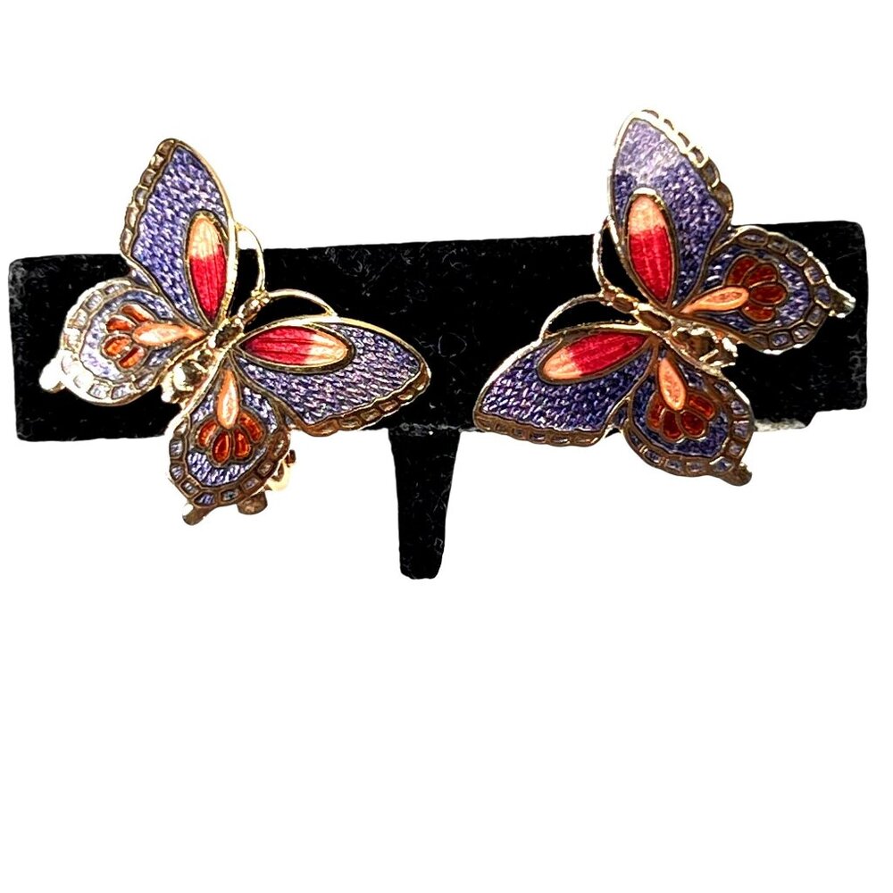 Vtg Cloisonne Butterfly Clip On Earrings Purple Red Enamel Inlaid Bug Goldtone